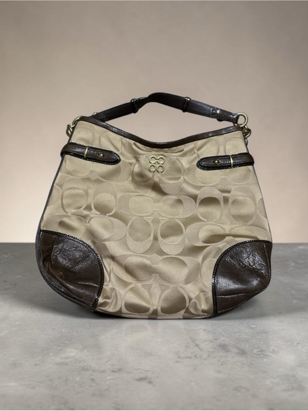 Coach Peyton Signature Sateen Hobo Handbag Beige/Brown